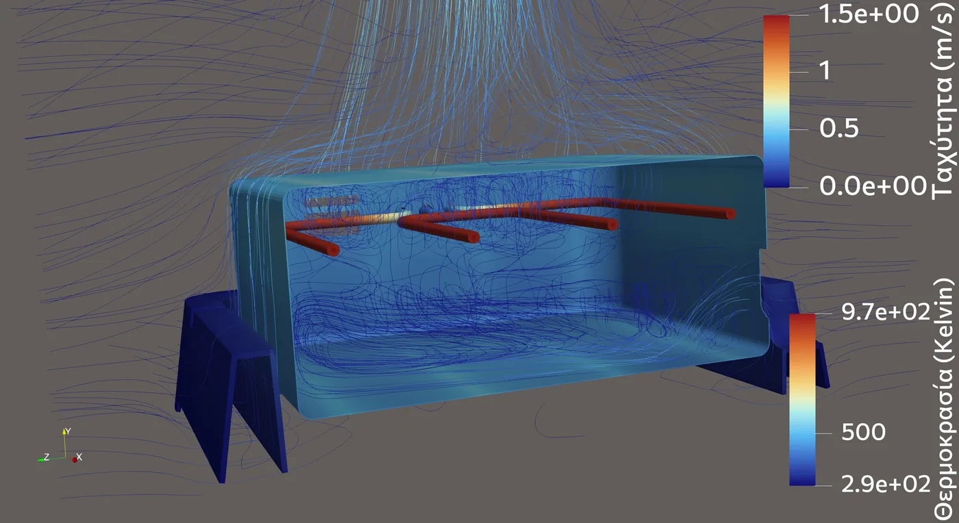 Section through an electric grill: heating element, wall temperatures and air circulation inside and above it