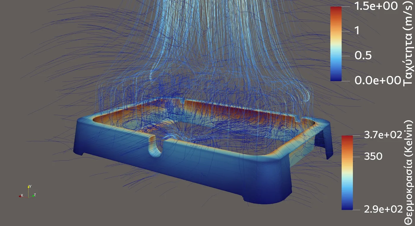 Temperature of a plastic base under a hot metal body, with air streamlines