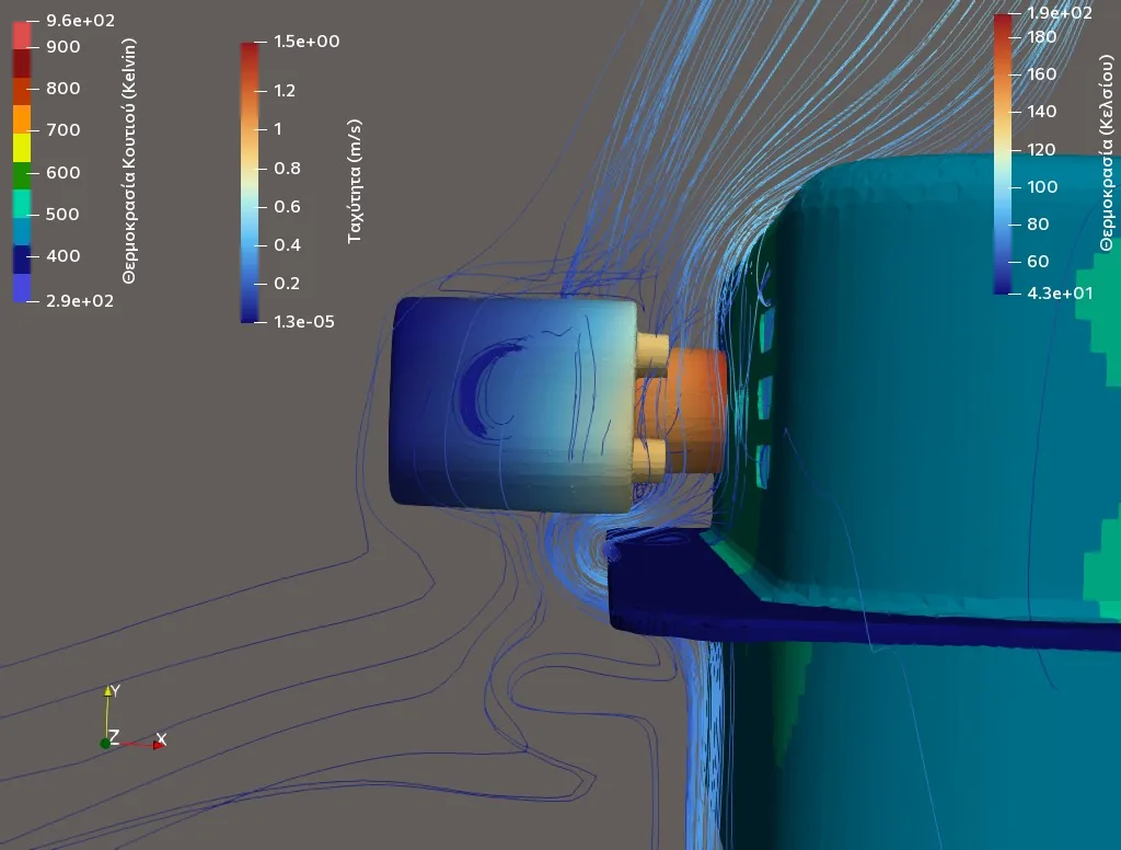 Thermostat socket at equilibrium, with air streamlines around it